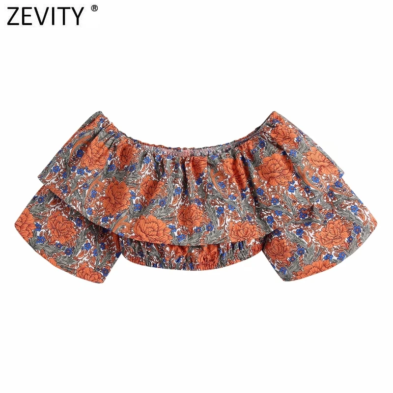 Zevity Women Holiday Tropical Floral Printing Elastic Short Smock Blouse Female Off Shoulder Ruffles Shirt Chic Crop Tops LS9218