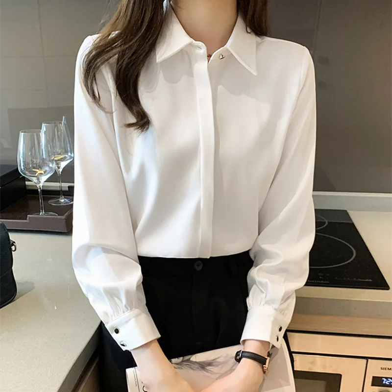 Solid Women\'s Shirt Chiffon Blouses for Women Full Sleeve Button Up Tops Polo Neck Woman Blouse Tops Female 2022 Basic Shirts OL