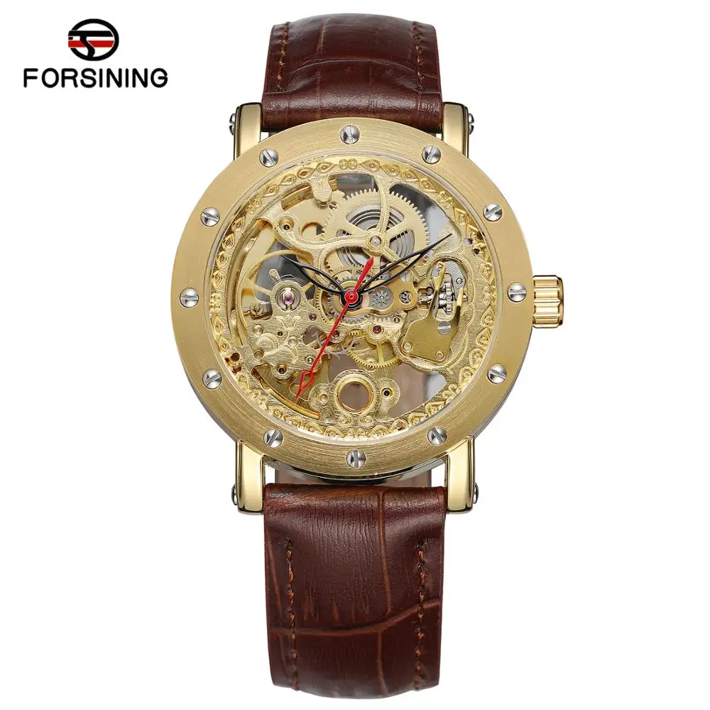 FORSINING Mechanical watch With circular hollow nail scale Mechanical watch gold wrist watch