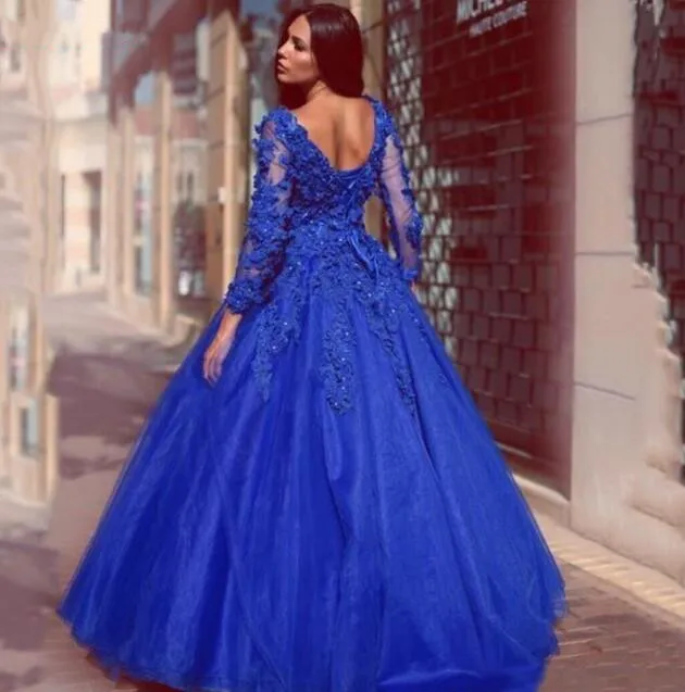 Royal Blue Lace Quinceanera Dresses Ball Gown Long Sleeve Tulle Prom Debutante Sixteen 15 Sweet 16 Dress