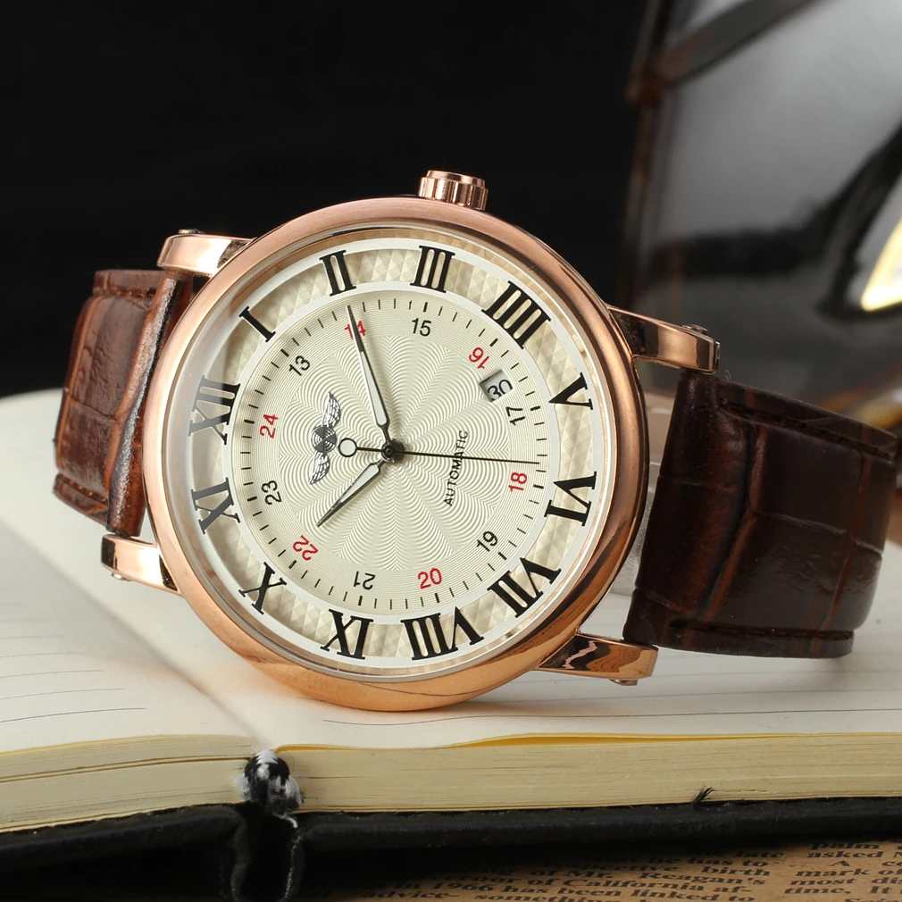 winner Men's Brown Nail Scale Digital Automatic Mechanical Watch Simple Calendar Belt Wrist Watch Circular Watch