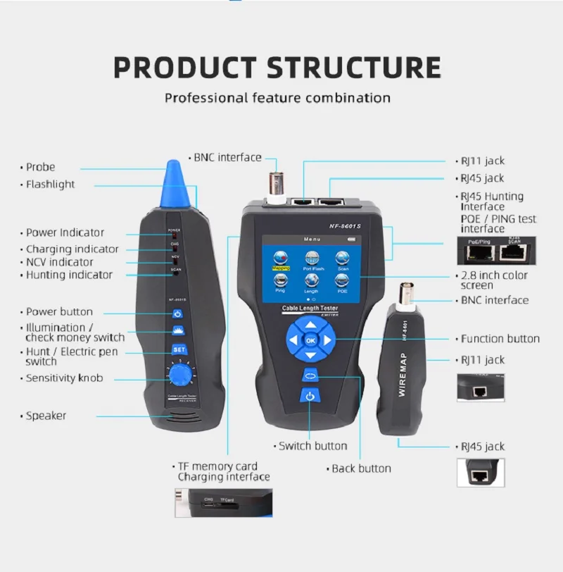 NOYAFA NF-8601S Network Cable Tester Multifunction TDR Length With PoE/PING/Port Voltage Wiremap Tracker Diagnose Tool Detector