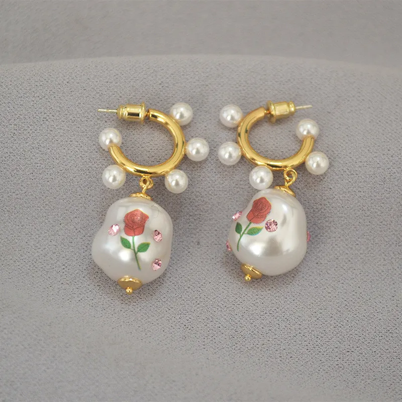 French Vintage Fashion Earrings Baroque Imitation Pearl Rose Cartoon Printing Drop Earrings For Women 925 Silver Needle Jewelry