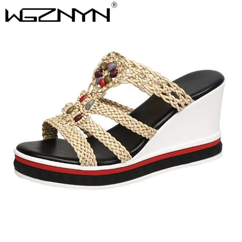 2023 Fashion Flip Flops Women Shoes beads Slippers Platform Summer Shoes Open Toe Wedges Sandals Ladies weaving Shoes Women