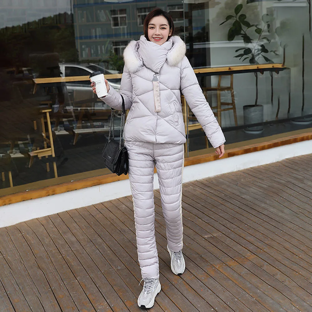 Winter Thick Women's Suit Hooded Big Fur Collar Warm Jackets Slim Trousers Two-piece Cotton Suit Lady European American Ski Suit