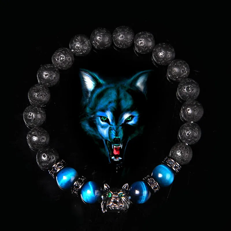 New Handmade 8mm Beaded Bracelet Men Natural Stone Blue Tiger Eye Beads Bracelet Black Wolf Head Charm Energy Bracelet Jewelry