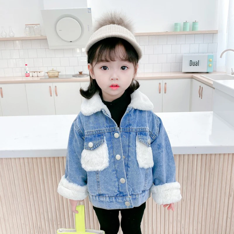 

Baby Winter Denim Coats 1-6 Year Old Kids Thick Warm Velvet Fur Jackets Boys Girls 2021 New Outerwear Children Overcoat