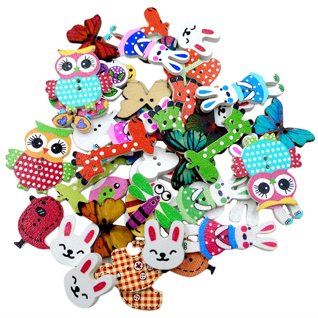 Pack of 50 Colorful Assorted Animals Wooden Decorative Buttons 2-holes Cardmaking Buttons for Sewing Crafts Doll DIY Supplies