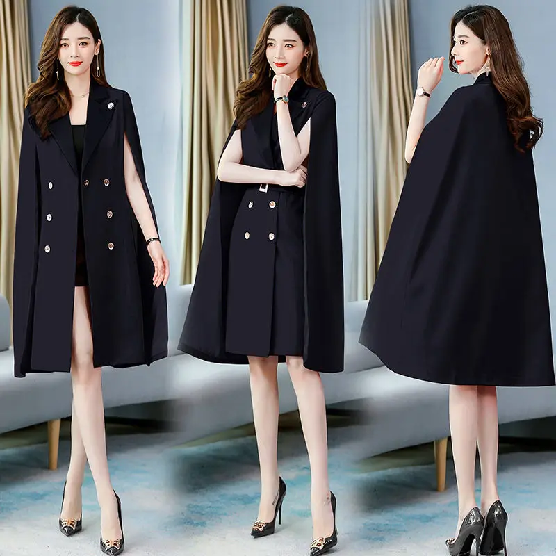 2023 New Fashion Shawl Cloak Dress Women Clothing Spring Autumn Korean Waist Double-breasted Black Blazer Dresses e149