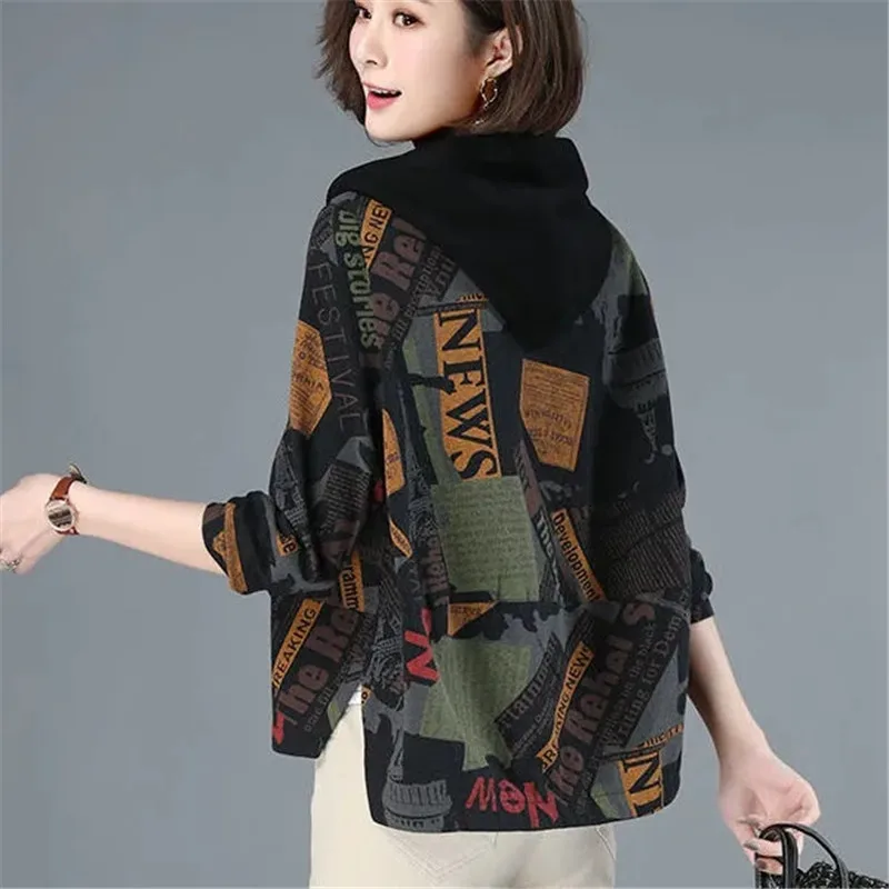 Women Pring grace Print Short Hooded Looes Jacket Female 2024 Autumn New Korean Splice Coat Women Casual Zipper Jacket A102