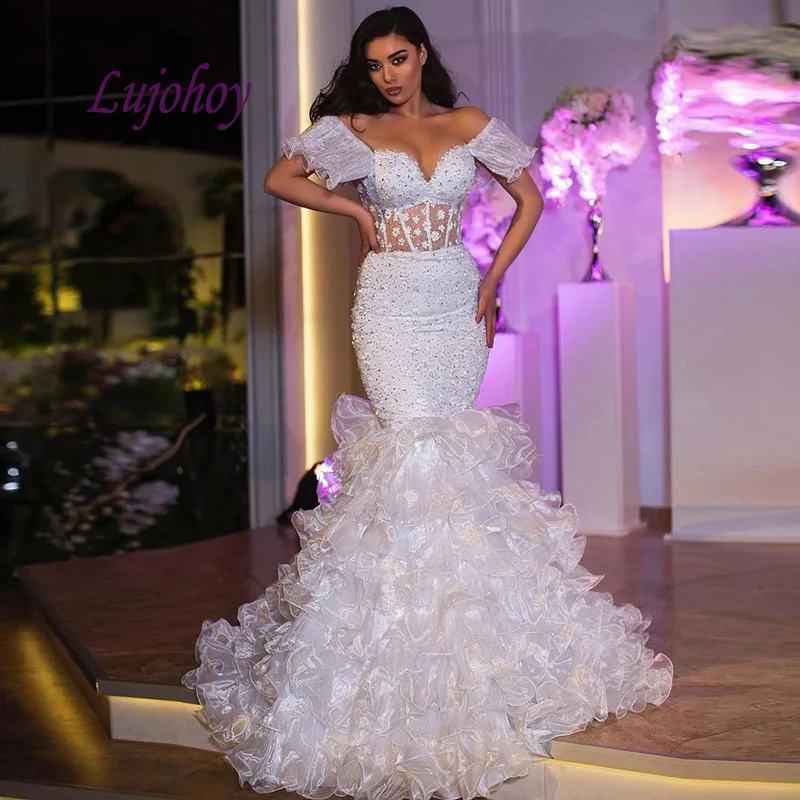 Sexy Luxury Wedding Dresses Mermaid Plus Size Sexy White Ivory Off Shouder Crystal Flower Women Girl Bridal Bride Gown