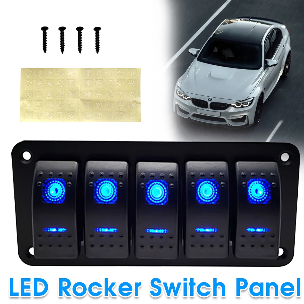 5 Gang Switch Panel Blue LED Marine Boat Rocker Switch Panel for Truck Boat Car Switch Panel Lighter Socket Circuit Breaker New