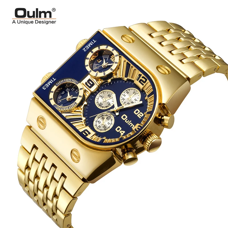 

OULM Watches Men Sports 3 Time Zone Big Dial Analogue Quartz Men's Watches Gold Steel Watches For Men Relogio Masculino