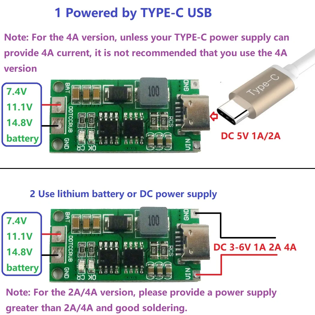 DC 3-6V to 8.4V 12.6V 16.8V for 7.4V 11.1V 14.8V 18650 1-4A Multi-cell Type-c Step-up Boost Li-po Polymer Li-ion Charger