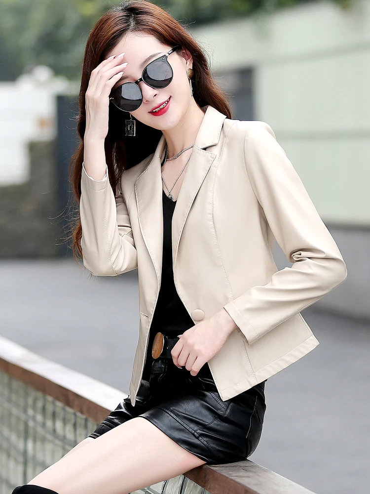 2023 Spring New Ladies Faux Leather Blazers Women Sheepskin Jacket Female Slim Suit Collar Coat Brand New Lady Jackets Outerwear