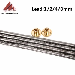 3D Printer THSL-300-8D Trapezoidal Rod T8 Lead Screw Thread 8mm Lead1mm Length100mm200mm300mm400mm500mm600mm with Brass Nut