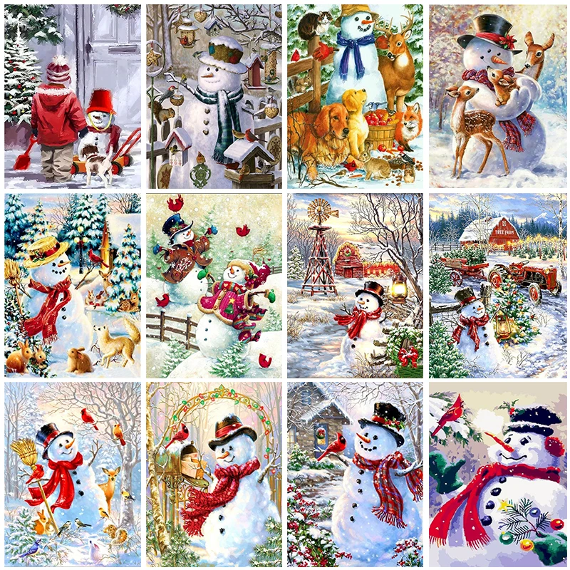 

Gatyztory Snowman Christmas Gift Frame DIY Painting By Numbers Handpainted Oil Painting Canvas Colouring