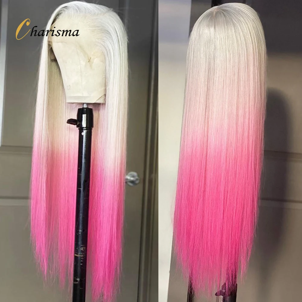 Charisma-peluca recta con malla frontal, pelo sintético Rubio a Rosa degradado, fibra resistente al calor, rayita Natural, Cosplay