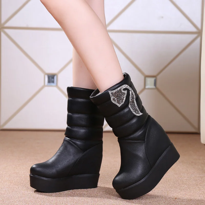 Winter Fur Wedges Platform Ankle Boots Women Height Increasing Thick Bottom Snow Shoes Large Size Customized Female Short Boots