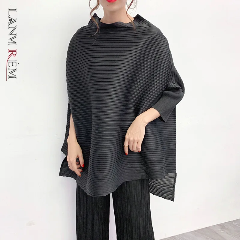 LANMREM 2024 New Stand Collar Spring Batwing Sleeves Blouse Pleated Wide Loose Pullover Women  Top WJ74004