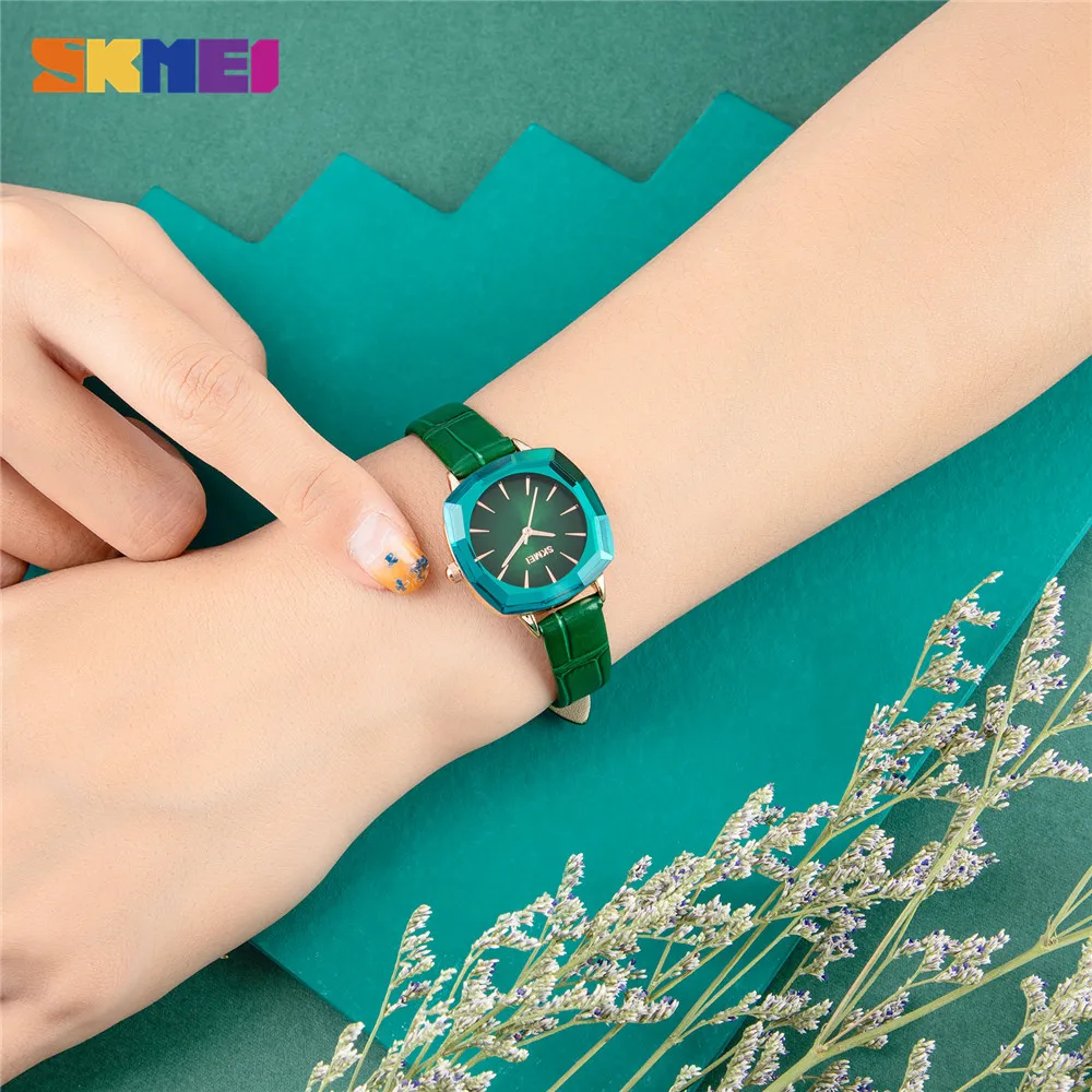 SKMEI Women's Watches Famous Luxury Brand Diamond-Shaped Glass And Leather Strap Green Ladies Dress Wrist Watches 1795