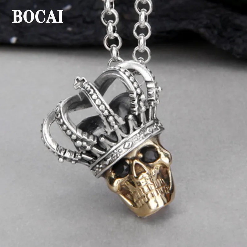 

Кулон BOCAI без цепочки для мужчин и женщин, ювелирное изделие из серебра 925 пробы с позолоченным черепом, короной, рок, в стиле хип-хоп, панк