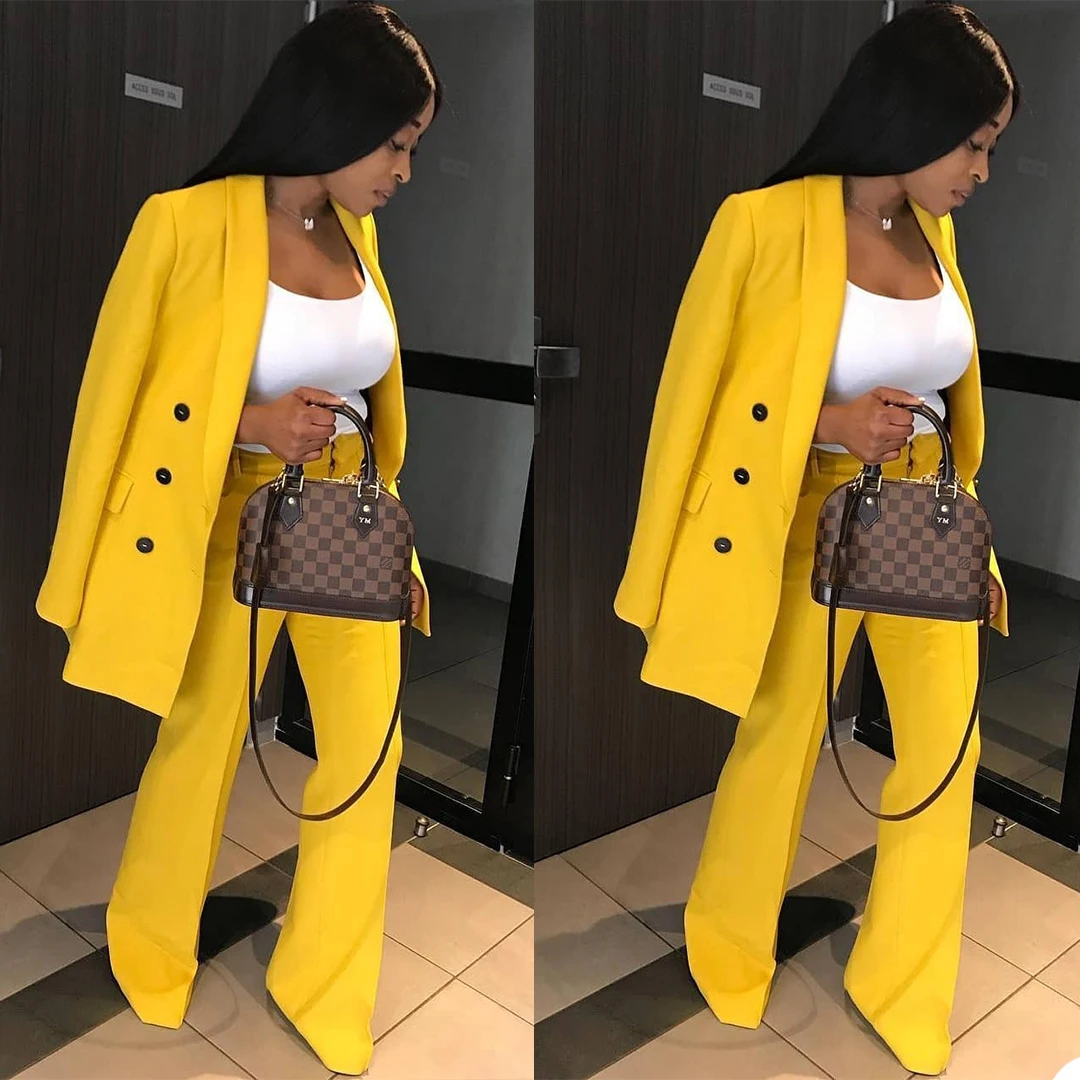 Two Piece Women Business Blazer Set Office Lady Yellow Double Breasted Mother of the Bride Pants Suits 2 Pieces