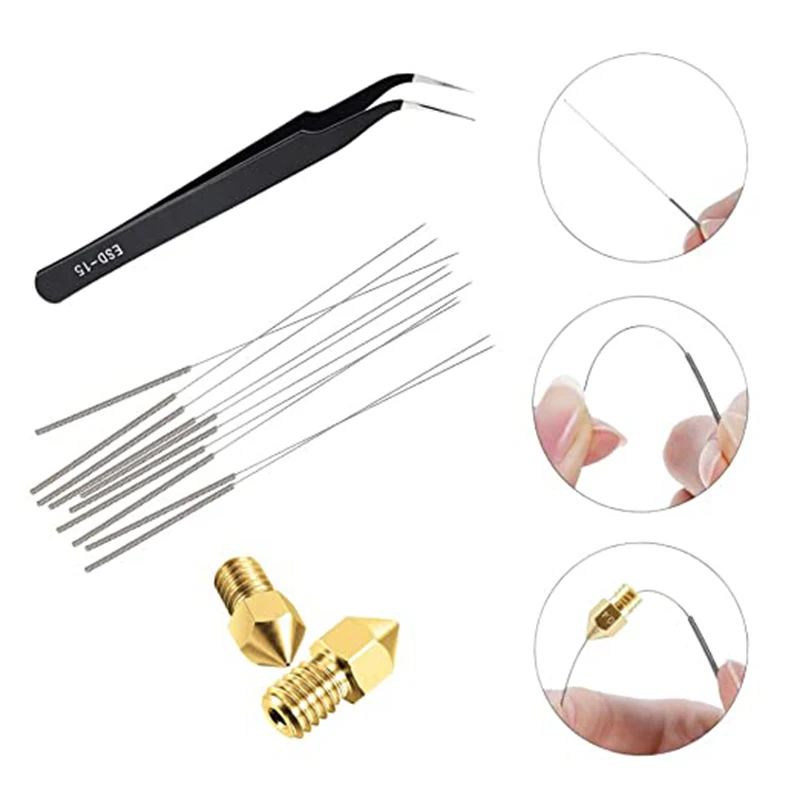 3D Printer Nozzle Kits 10Pcs Extruder Nozzles + 10Pcs Cleaning Needles + 1Pcs Tweezers for ender 5 3 Creality Mk8 Nozzle Pack