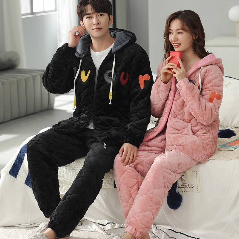 Winter Couple Pyjamas Suit Thick Warm Flannel Women Pajamas Sets Clip Cotton Sleepwear Men Pijamas Homewear