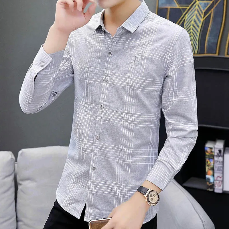 Spring Men's Casual High Quality Formal Wear Business Slim Square Collar Sweater Loose Handsome Lattice Personality Long Sleeve