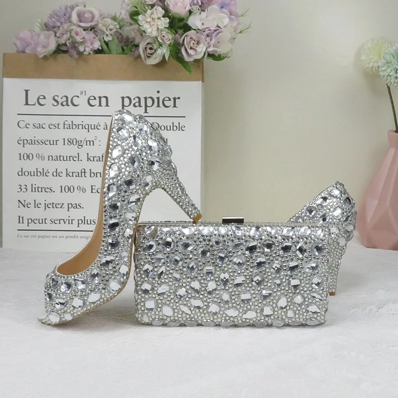 New Luxury Silver Crystal Sandals Bridal Wedding High Heels Women\'s Party Dress And Bag Set Pointed Toe Thin Heels Rhinestone