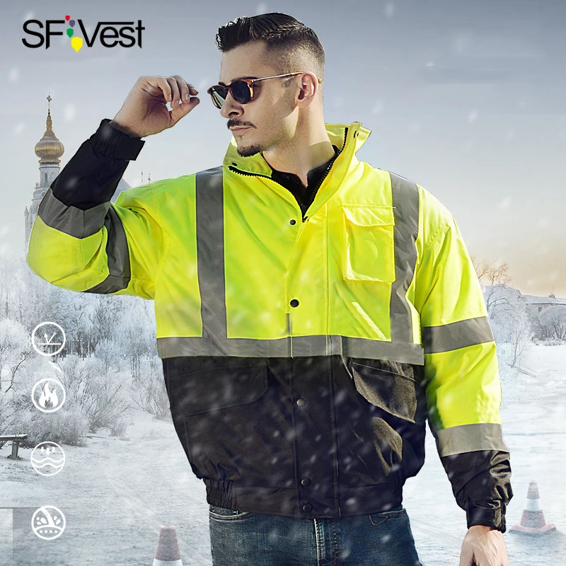 

Waterproof Reflective Rain Jacket Winter Warm Reflective Safety Jacket High Visibility with Hideaway Hood and Stand Up Collar