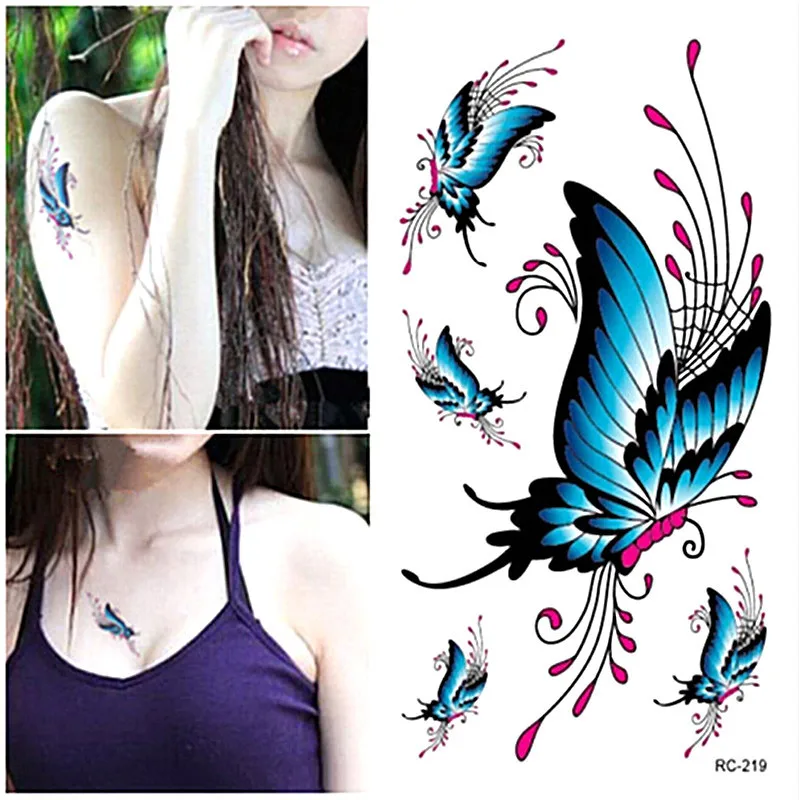 Adesivo de Tatuagem Temporária 3D para Mulheres, Decalques de Arte Corporal Impermeável, Tatuagem Falsa, Tatuagem Borboleta, T1586, 1Pc