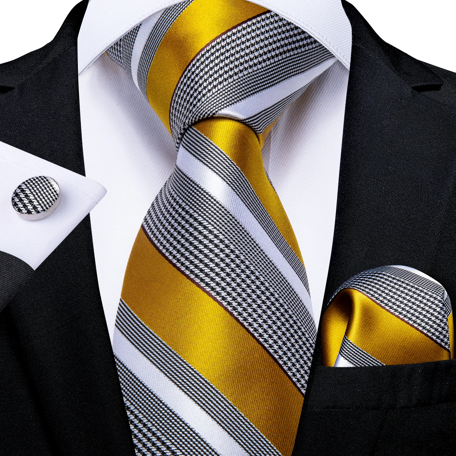 Luxury Yellow White Striped Silk Woven Ties For Men Classic Business Wedding Party Necktie Pocket Square Ring Set DiBanGu