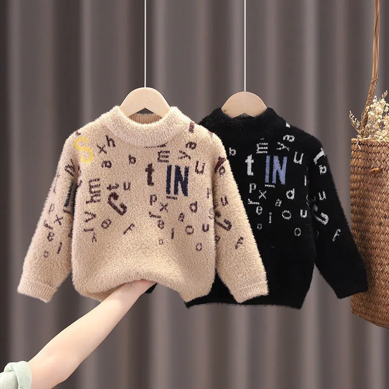 

2022 New Spring Winter Baby Girl Boys Casual Sweater Children's Knitted Woolen Kids Cute Letter Hedging Mink Down Warm Thicken