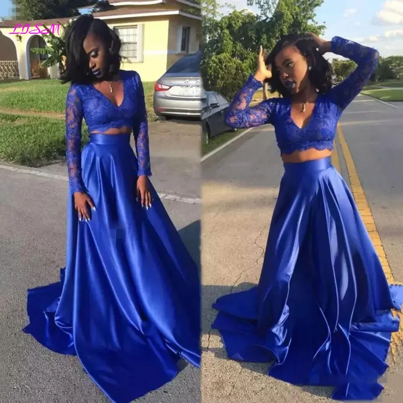 Royal Blau Schwarz Mädchen Prom Kleider Zwei Stück Abend Formale Kleid Sexy V-ausschnitt Spitze Langarm Hohe Schule Party Prom kleid 2020