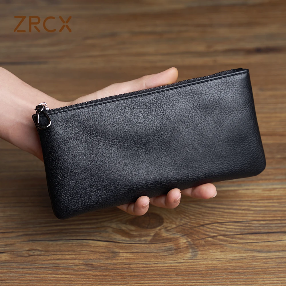 

ZRCX Men's Genuine Leather Long Zipper Wallet First Layer Cowhide Youth Ultra-Thin Handbag Wallet Trendy Brand Simple Wallet