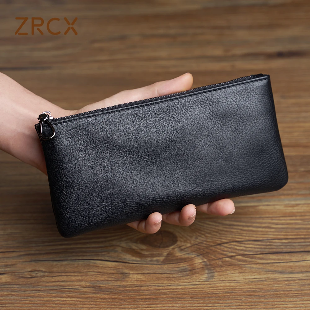 ZRCX Men\'s Genuine Leather Long Zipper Wallet First Layer Cowhide Youth Ultra-Thin Handbag Wallet Trendy Brand Simple Wallet