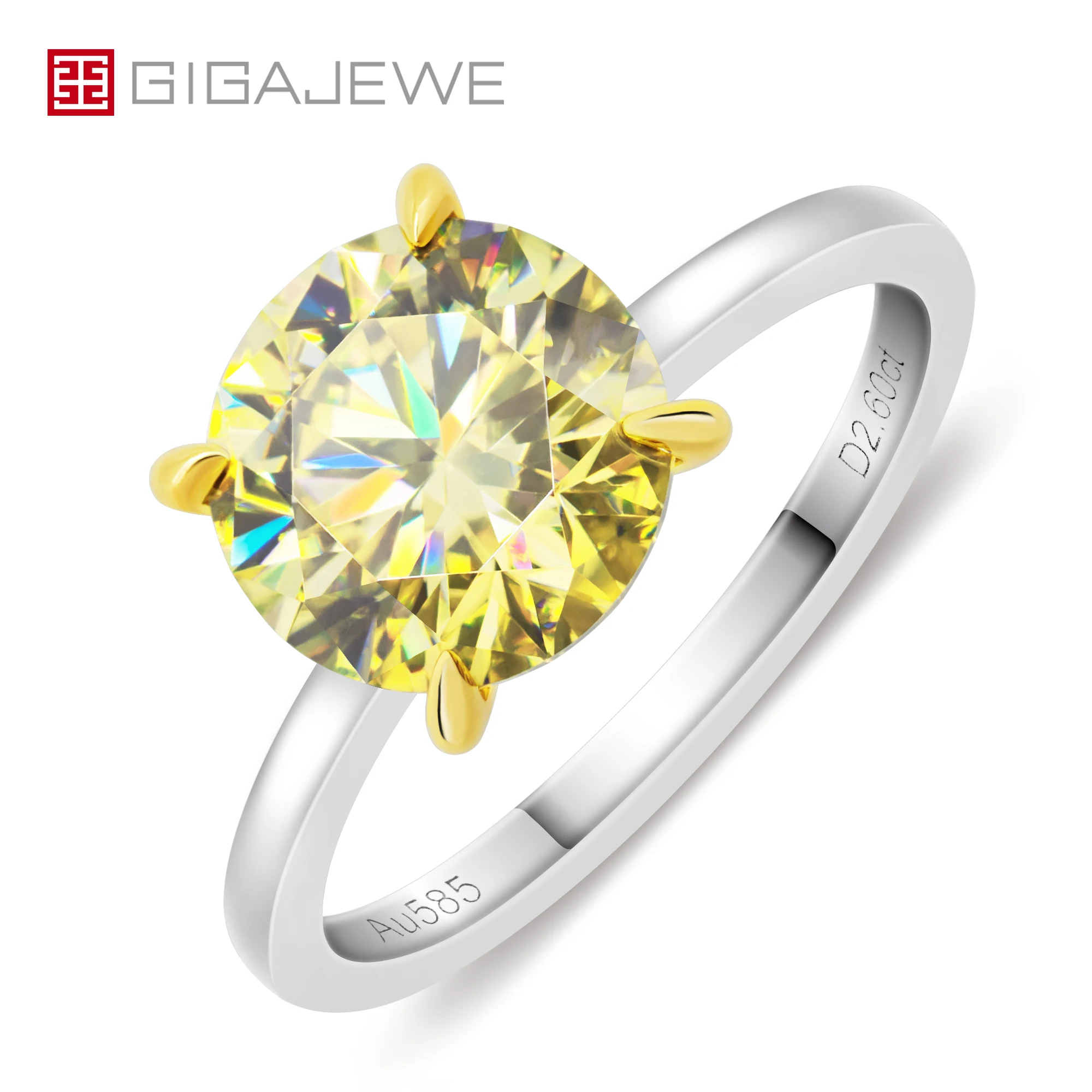 GIGAJEWE 3.0ct 9.0mm Vivid Yellow Color Moissanite VVS1 Round Cut 18K White Gold Ring Jewelry Woman Girlfriend Engagement Gift