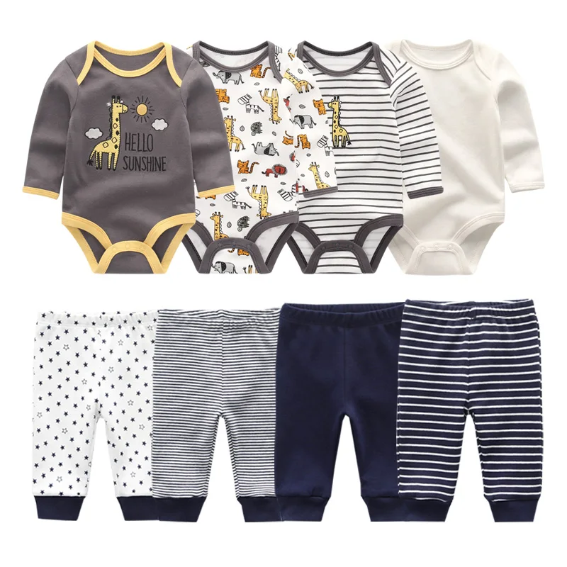 6/8Pieces Baby Boy Clothes Sets 100%Cotton Bodysuits+Pants Newborn Baby Girl Clothes Print Long Sleeve Autumn Solid Color Bebes