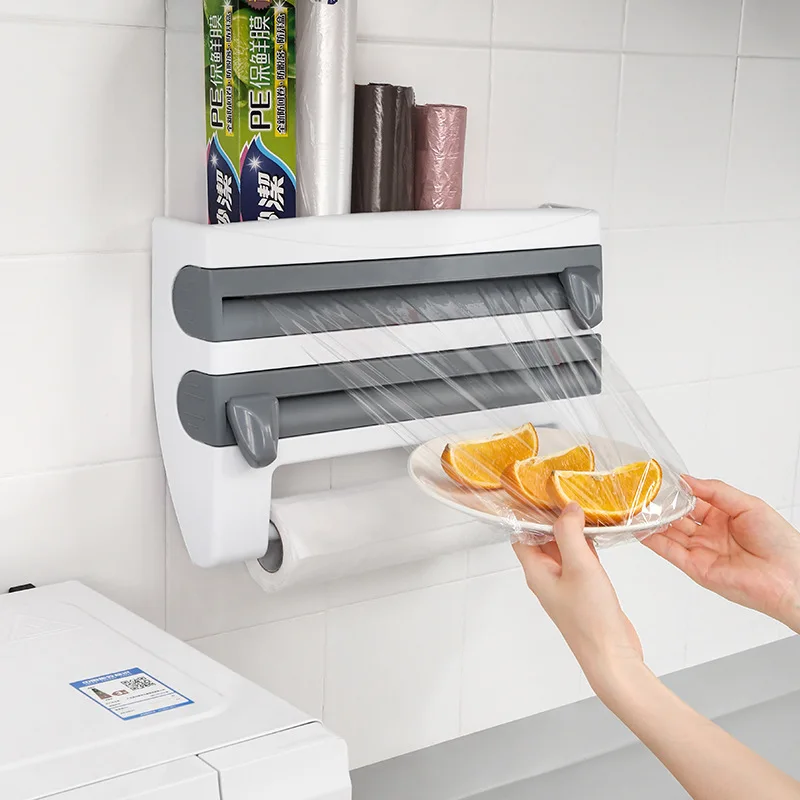 4 In 1 Aluminum Film Wrap Cutter WallMount Paper Towel Holder Cling Film Cutting Holder Plastic Wrap Dispenser Kitchen Organizer