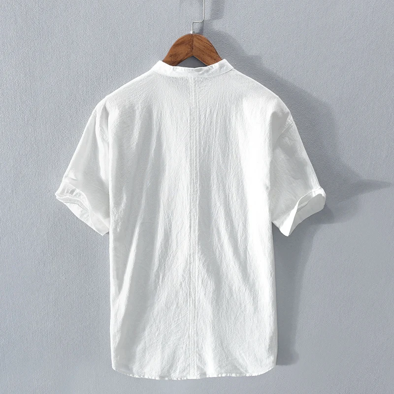 New Designer short sleeve stand collar white shirt men cotton and linen wrinkle shirts for men fashion solid shirt mens camiseta