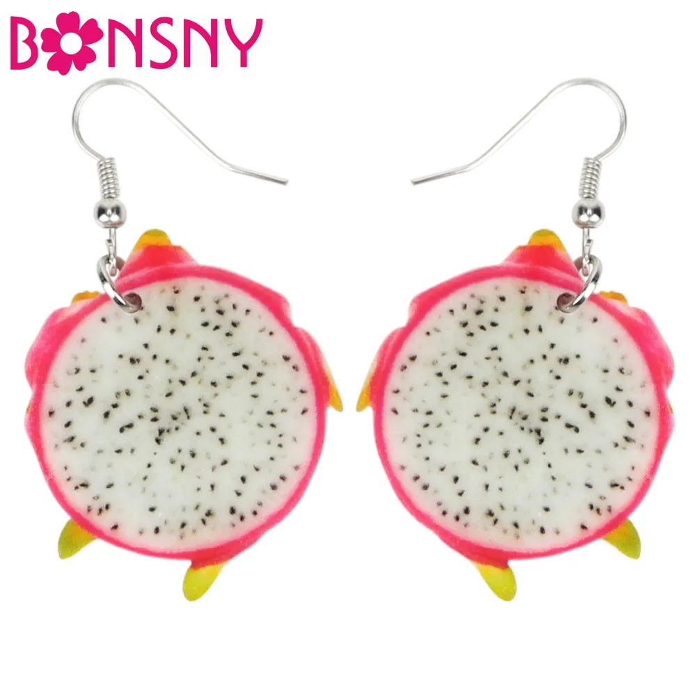 Bonsny Acrylic Delicious Pitaya Dragon Fruit Earrings Big Long Dangle Drop Fashion Jewelry For Women Girl Ladies Teen Wholesale