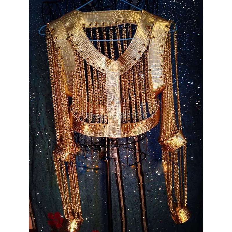 Women Sexy Gold Chains Costume Outfit Stage Performance bar Nightclub show Bra Chains Short coat nightclub stage dance wear