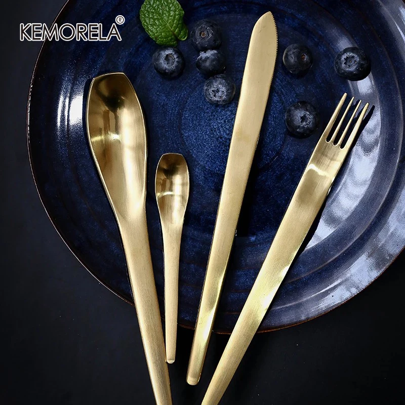 

Золотой японский стиль, матовые столовые приборы из нержавеющей стали, вилка, нож, набор совок, набор десертной посуды, дропшиппинг