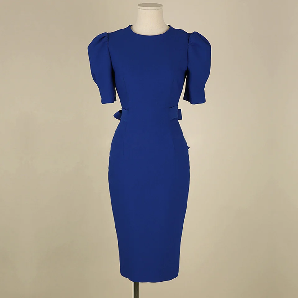 Blue Office Lady Dress 2024 Spring High Waist Pencil Fashion Simple Puff SleeveTemperament Women Elegant Party Dress Women