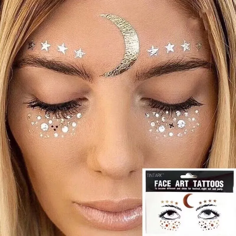 Flash Tattoo Waterproof Stars Choker Pattern Freckles Gold Face Tattoo Body Art Sticker Eye Decals Bride Tribe Girl Party 1Pack