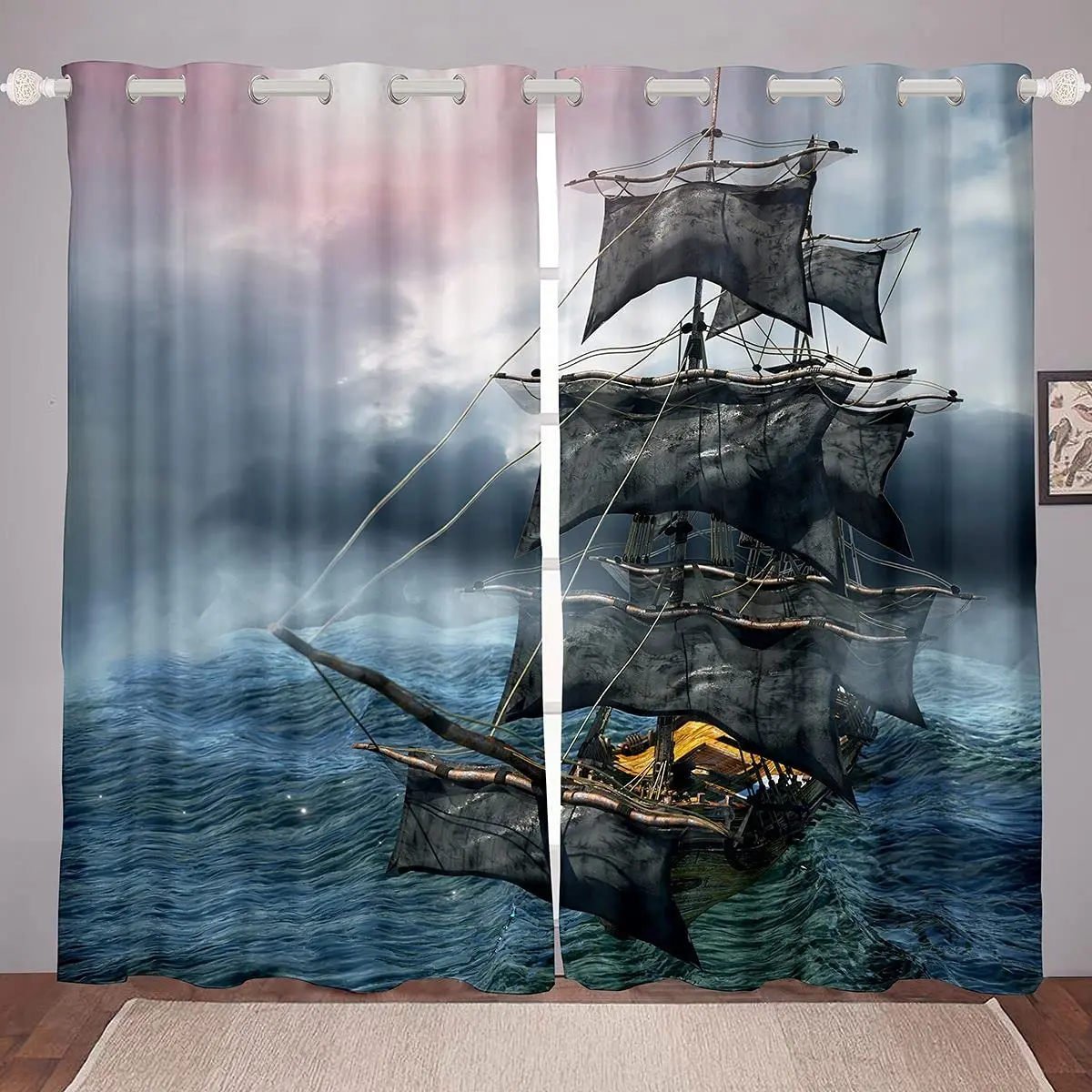 Living Room Decoration Blackout Curtains Broken Sailing Deep Sea Adventure Theme Double Bedroom Living Room Luxury Curtains