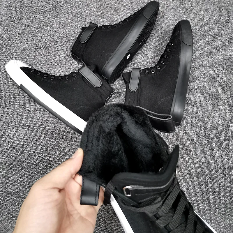 New Winter High-top Canvas Shoes Men Women Korean Version Black Plus Velvet Warm Buckle Cotton Shoes Casual Shoes EUR 35-44