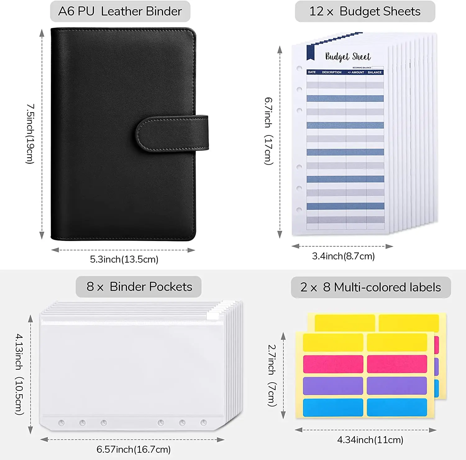 A6 PU Leather Budget Binder with 8PCS Binder Pockets,12PCS Expense Budget Sheets,6 Ring Binder Budget Envelopes with Labels